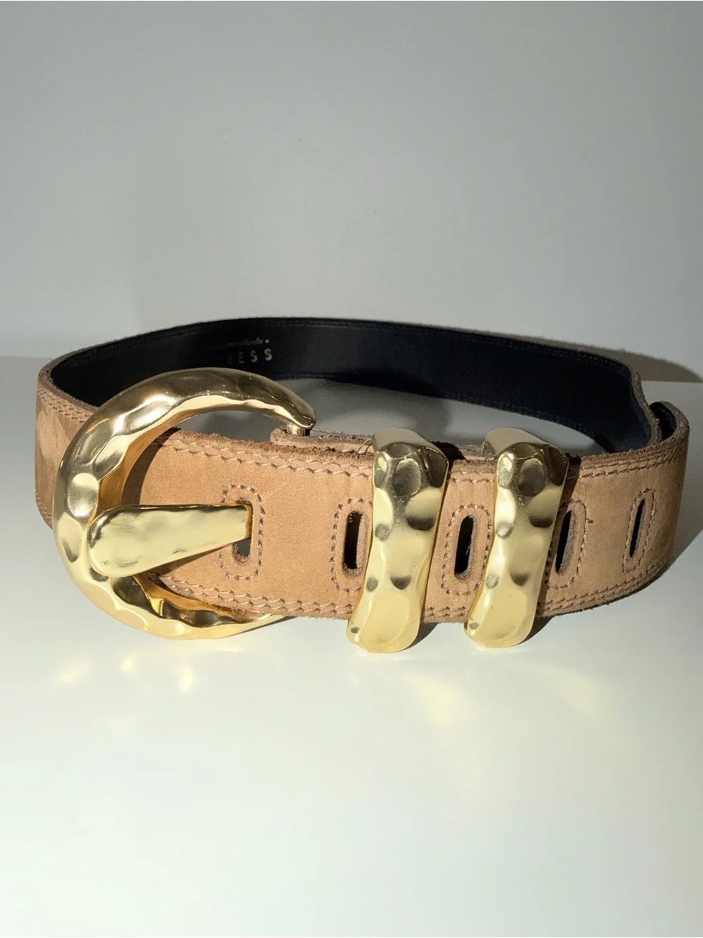 Vtg Express Tan Genuine Leather Suede Waist Belt With Hammered Gold Buckle, Sz L